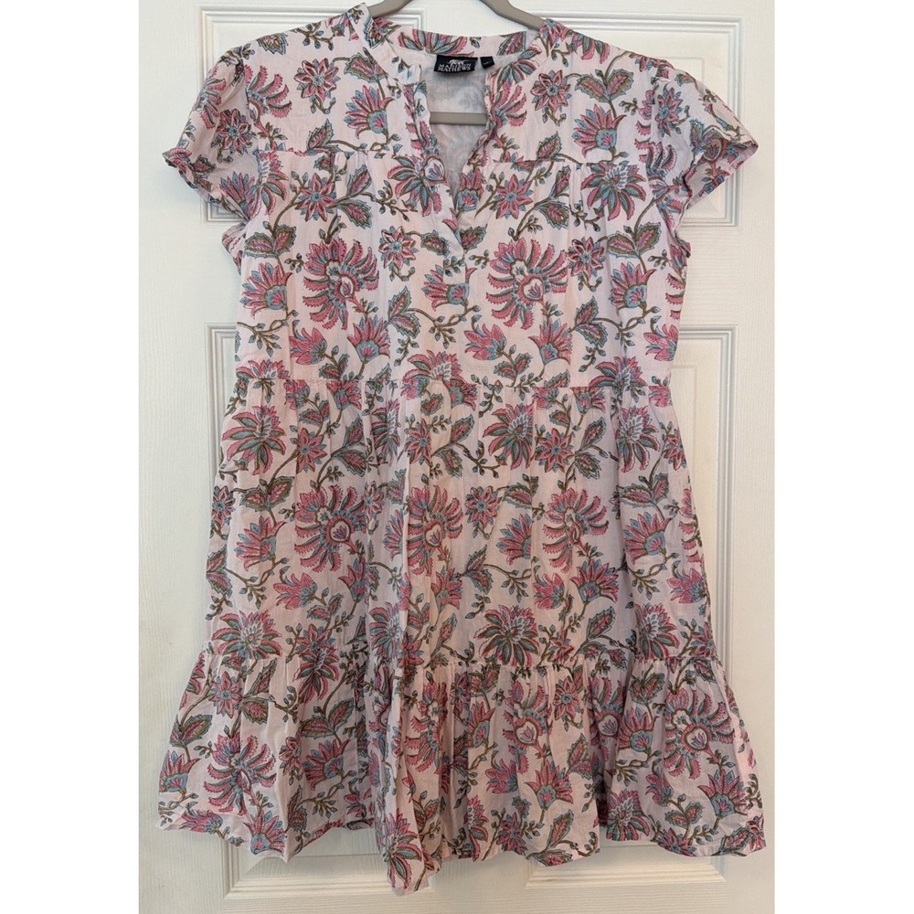 Madison Mathews LG Mini Dress Pink Green Floral Lined Tiered Cap Sleeve Party